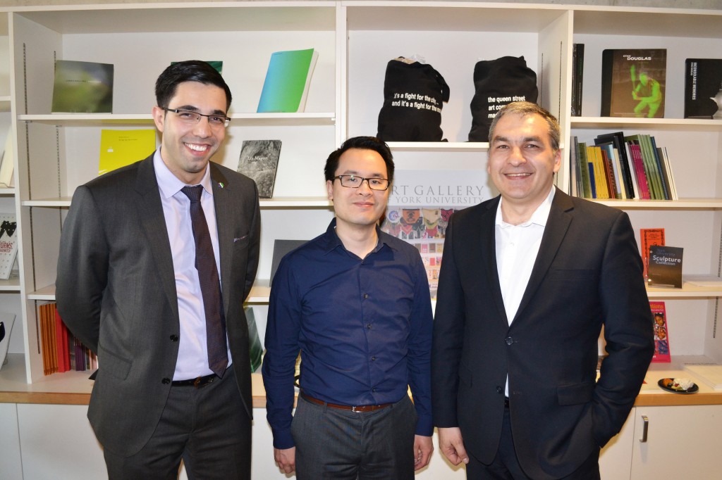 Boris Remes (Schulich School of Business, York University), Joe Chow (Canadian International Immigration Service Inc.), and Vladimir Collado (Overseas Frontiers Inc.) at the evening event at the York University Art Gallery