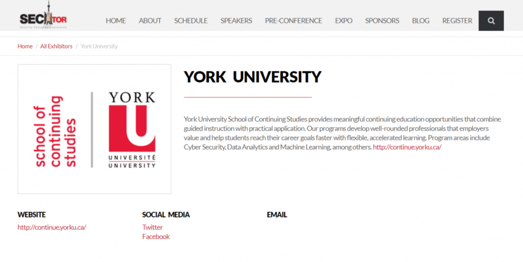 YorkU Continuing Studies Bronze Sponsor at SecTor 2018