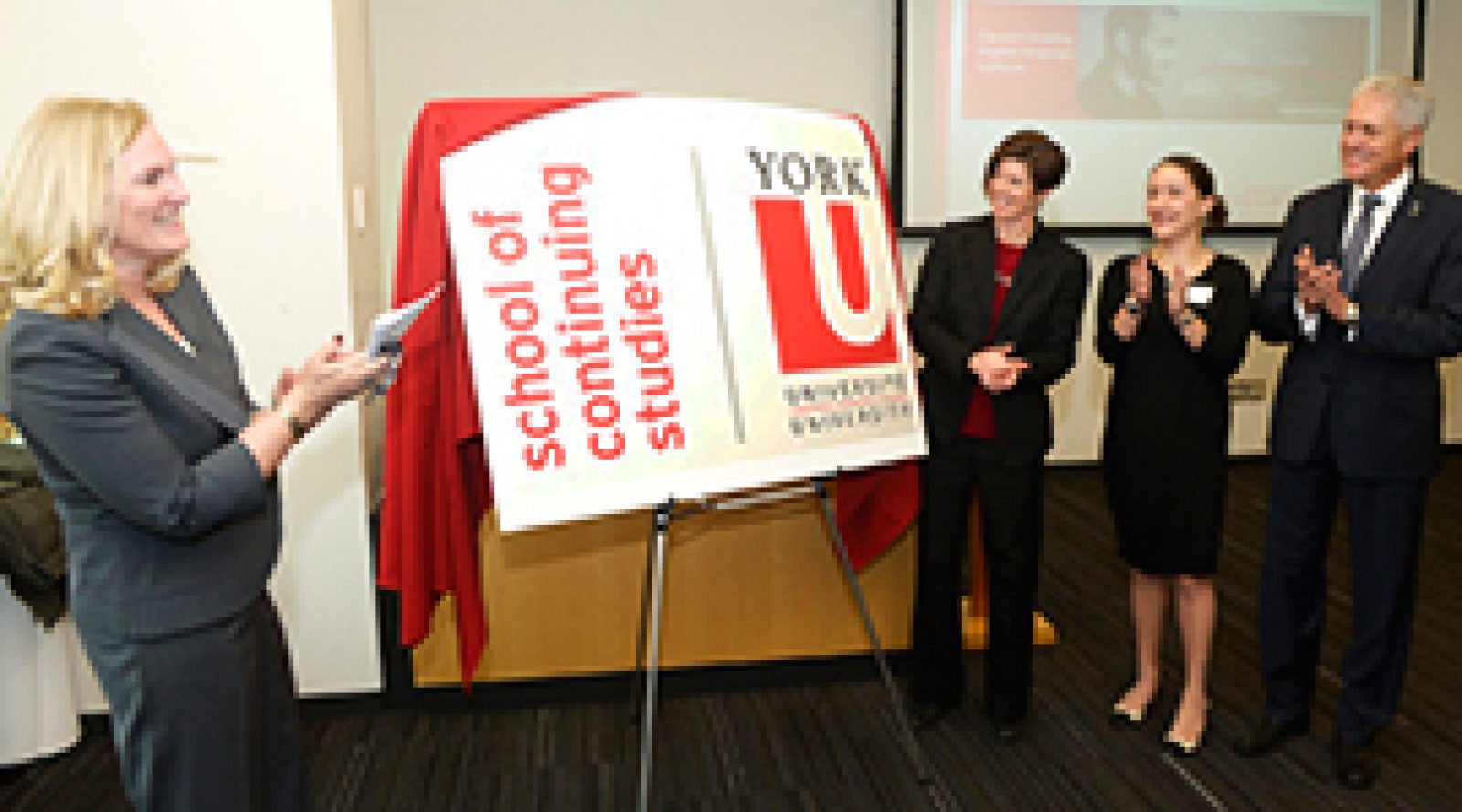 Vice president-academic and provost Rhonda Lenton, left, York University executive director-continuing and professional education Tracey Taylor-O’Reilly, student Sabrina Agricola and president and vice-chancellor Mamdouh Shoukri help launch the York University School of Continuing Studies