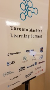 Welcome sign at Toronto Machine Learning Summit 2018, with list of sponsors