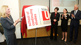 Vice president-academic and provost Rhonda Lenton, left, York University executive director-continuing and professional education Tracey Taylor-O’Reilly, student Sabrina Agricola and president and vice-chancellor Mamdouh Shoukri help launch the York University School of Continuing Studies
