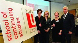 York University executive director-continuing and professional education Tracey Taylor-O’Reilly, left, vice president-academic and provost Rhonda Lenton, student Sabrina Agricola and president and vice-chancellor Mamdouh Shoukri help launch the York University School of Continuing Studie